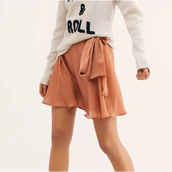 FREE PEOPLE x KAS NEW YORK CHIFFON SKATER MINI SKIRT SIZE S Copper Champaign Bow - Picture 1 of 13